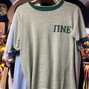 COOL! 1970S HEATHER GREEN FRATERNAL GRAPHIC RINGER TEE in GREEN