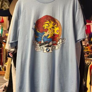 HANES FIFTY-FIFTY EAT TO RIDE, RIDE TO EAT - BMW MOTORCYCLE CLUB T-SHIRT, SINGLE STITCH in BABY BLUE