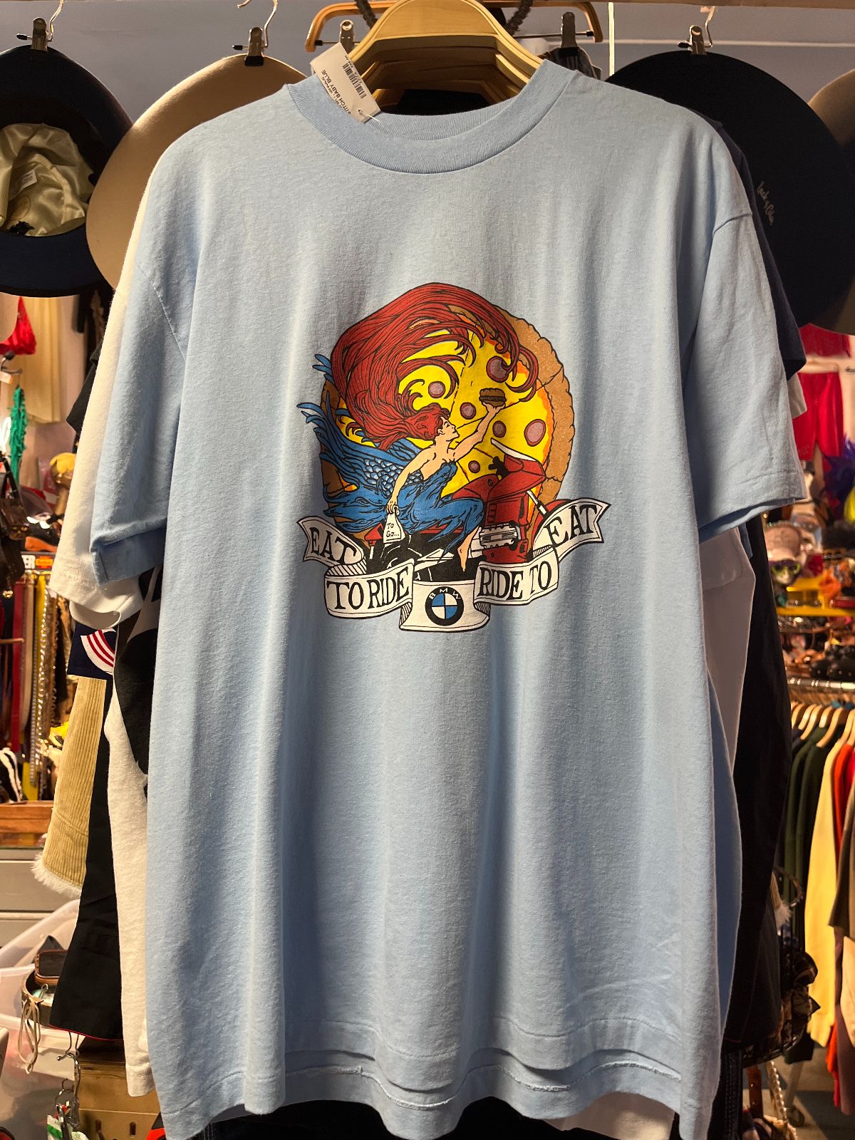 HANES FIFTY-FIFTY EAT TO RIDE, RIDE TO EAT - BMW MOTORCYCLE CLUB T-SHIRT, SINGLE STITCH in BABY BLUE