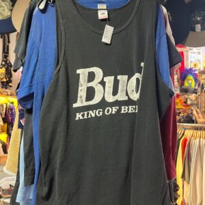 FRUIT OF THE LOOM RAD! 1990S BUD KING OF BEERS CRACKLED GRAPHIC OVERSIZED MUSCLE TANK TOP in BLACK, WHITE