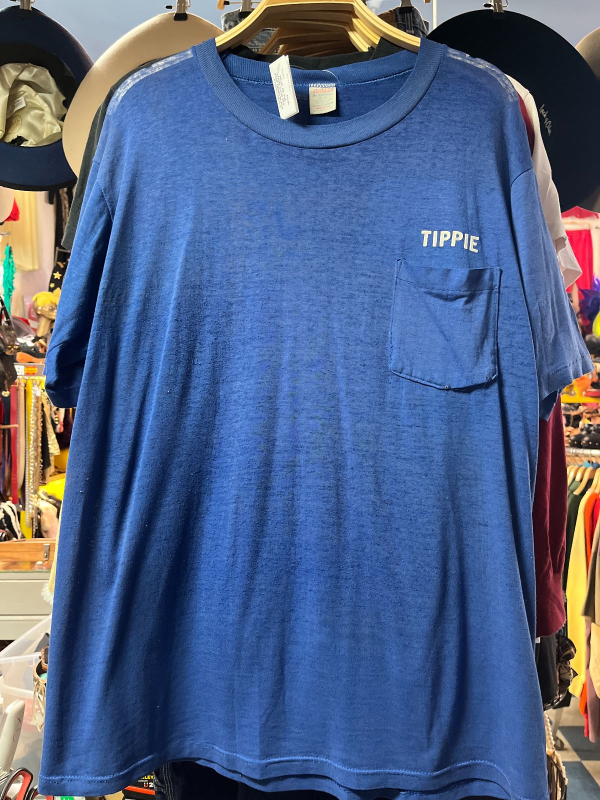 JERZEEZ BY RUSSELL SHEER PAPER THIN THREADBARE TIPPIE POCKET TEE- WORLD FAMOUS BACHELOR BUTTON in BLUE, WHITE