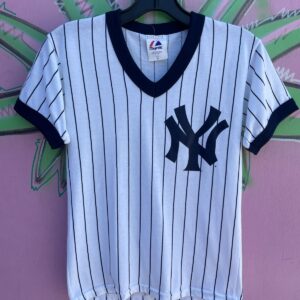 Majestic LITTLE NEW YORK YANKEES PIN STRIPED COTTON JERSEY TOP in WHITE, BLACK