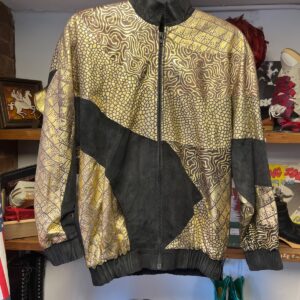 cache WOW! 1980S LASER ETCHED METALLIC GOLD LEATHER & SUEDE BOMBER JACKET in BLACK, GOLD