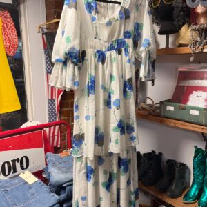 ANGELA GORE LONDON WOW! 1970S GAUZY COTTON FLORAL PRINT TIERED & PUFFED SLEEVE PRAIRIE STYLE MAXI DRESS in WHITE, BLUE, GREEN