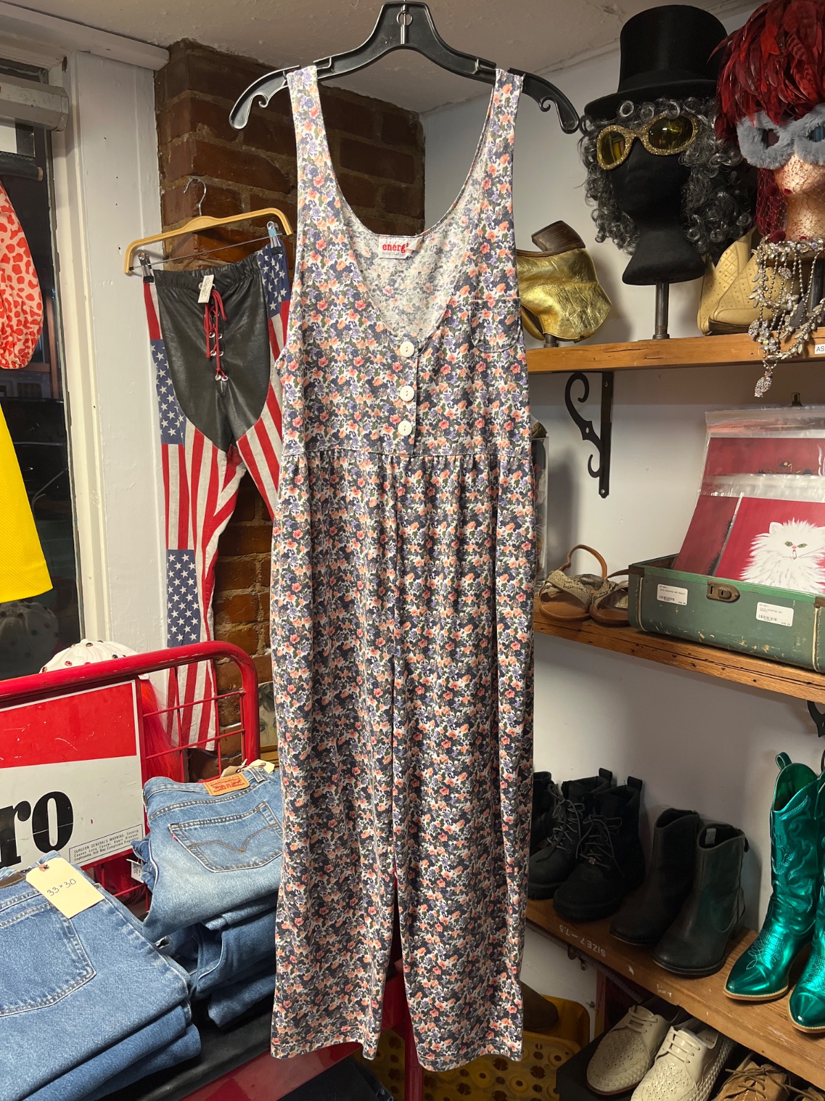 ENERGIE 1980S-90S 100% COTTON DITSY FLORAL PRINT SLEEVELESS JUMPSUIT WITH BUTTON FRONT, POCKETS in PINK, WHITE, BLACK
