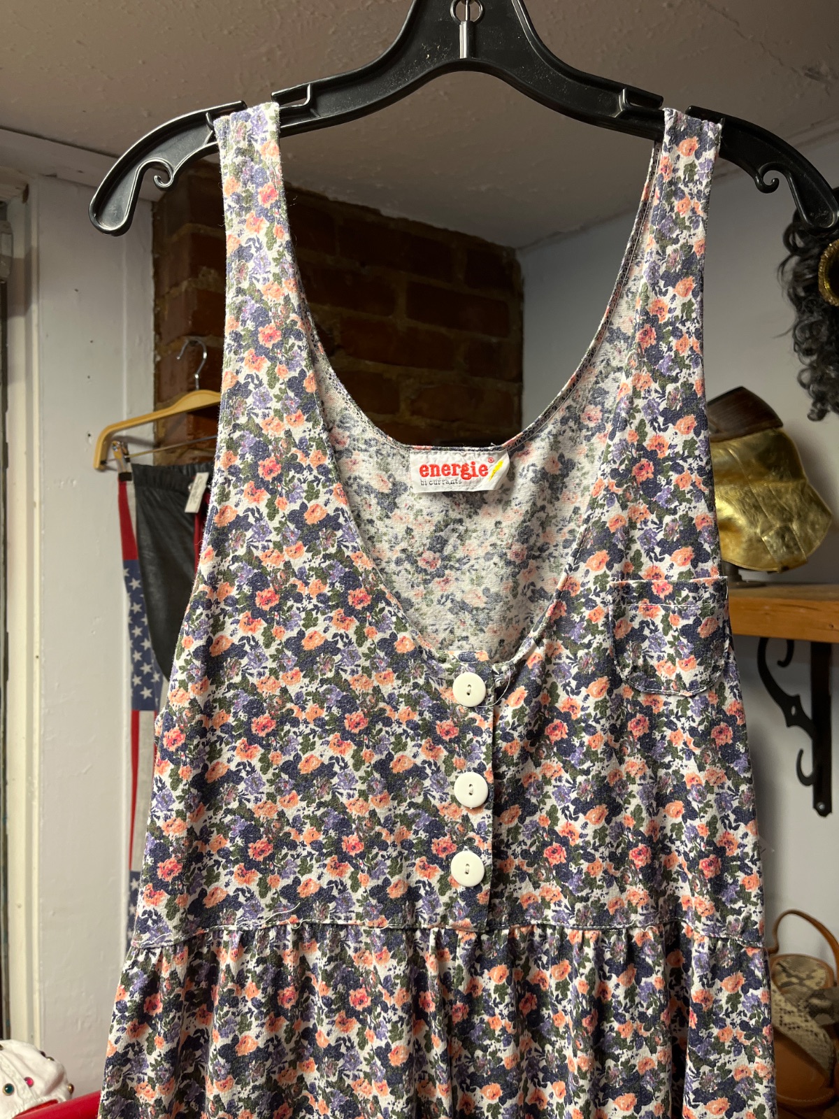 ENERGIE 1980S-90S 100% COTTON DITSY FLORAL PRINT SLEEVELESS JUMPSUIT WITH BUTTON FRONT, POCKETS in PINK, WHITE, BLACK
