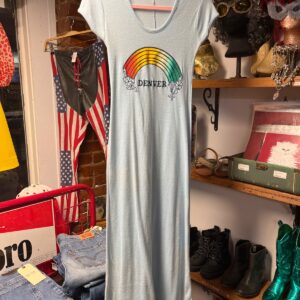 FUN-TEES *AS-IS* SO AMAZING! RARE! 1970S DENVER RAINBOW GRAPHIC T-SHIRT MAXI DRESS in BLUE, RED, YELLOW, GREEN, BLACK