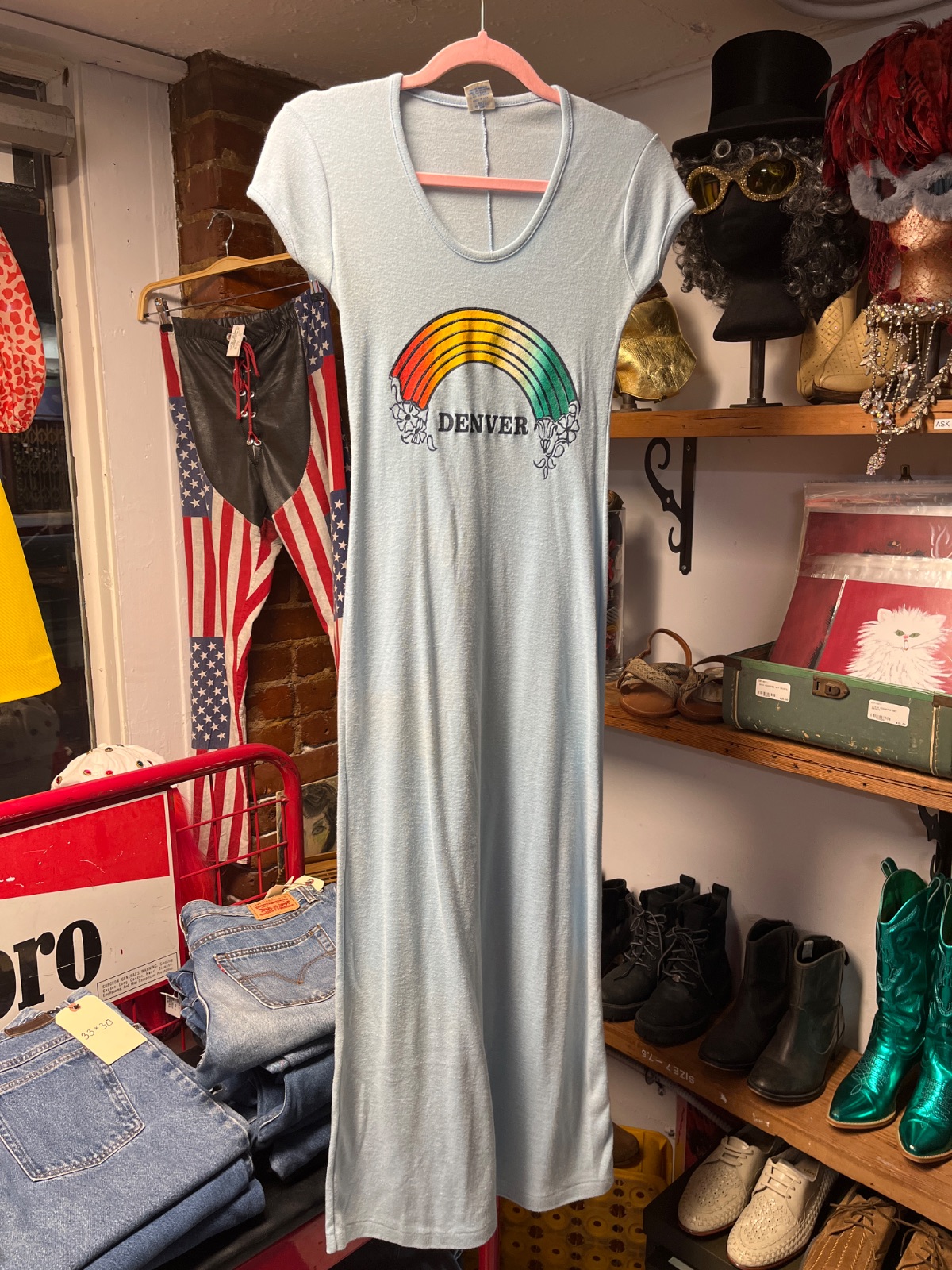 FUN-TEES *AS-IS* SO AMAZING! RARE! 1970S DENVER RAINBOW GRAPHIC T-SHIRT MAXI DRESS in BLUE, RED, YELLOW, GREEN, BLACK