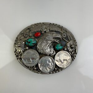 S.S.I. *AS-IS* 1990S HANDCRAFTED BUFFALO NICKEL EAGLE BELT BUCKLE, TURQUOISE CHUNKS & POLISHED CORAL STONES in SILVER, BLUE, RED