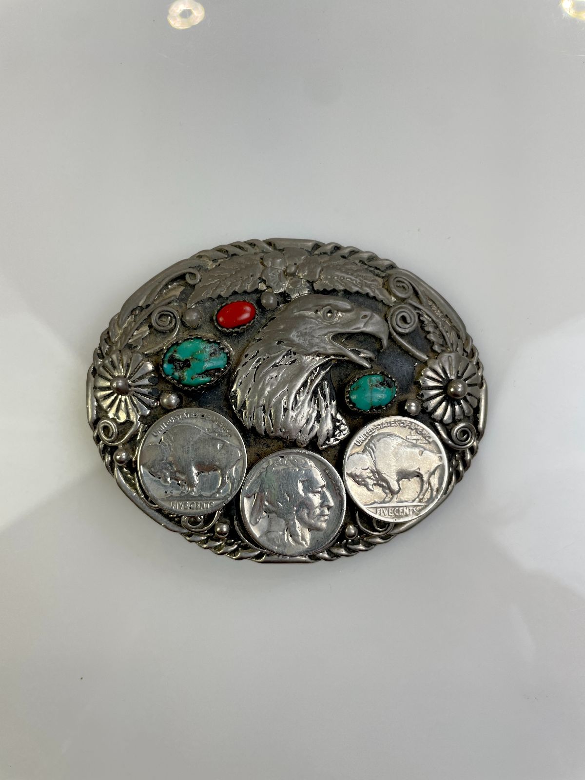 S.S.I. *AS-IS* 1990S HANDCRAFTED BUFFALO NICKEL EAGLE BELT BUCKLE, TURQUOISE CHUNKS & POLISHED CORAL STONES in SILVER, BLUE, RED