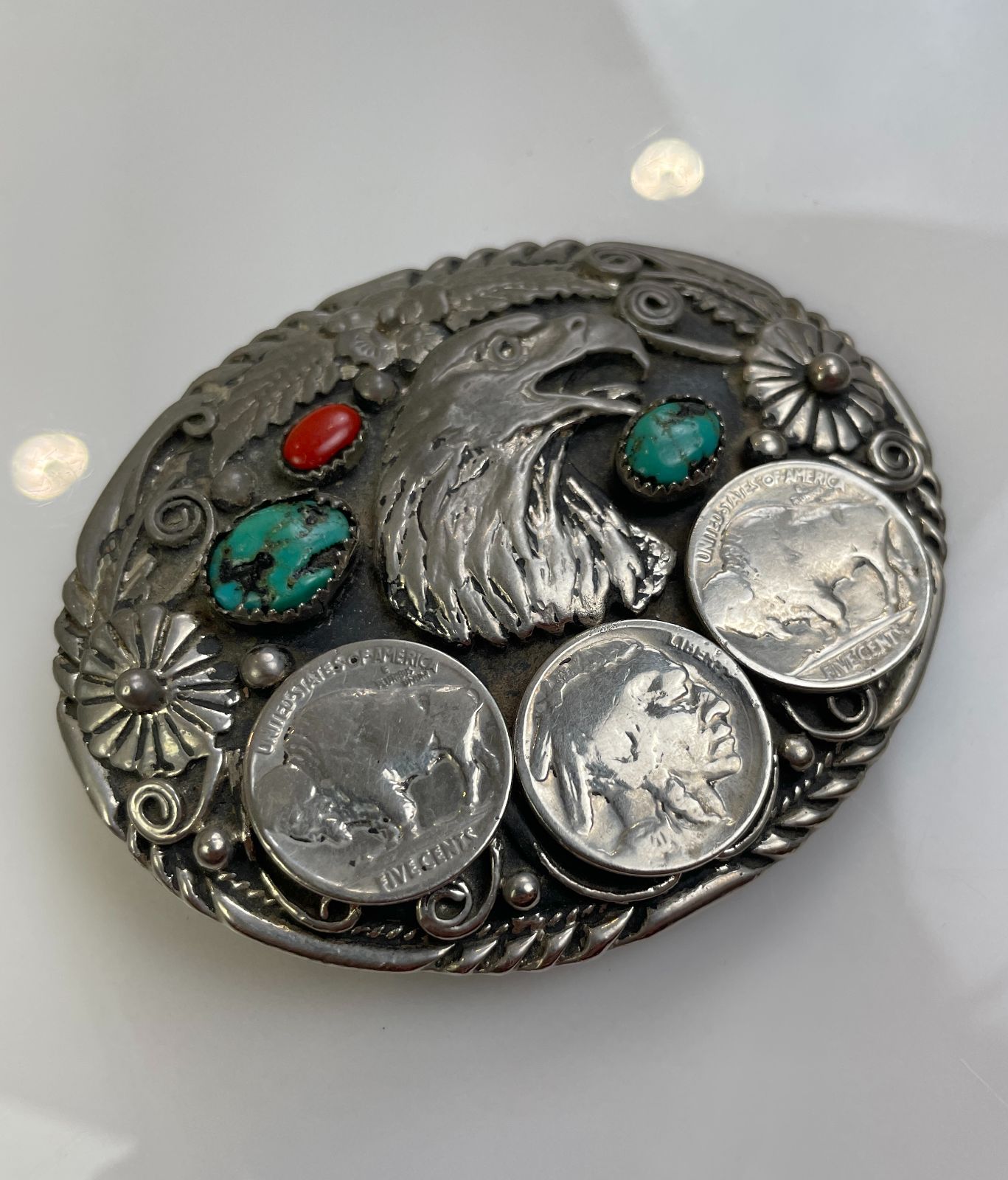 S.S.I. *AS-IS* 1990S HANDCRAFTED BUFFALO NICKEL EAGLE BELT BUCKLE, TURQUOISE CHUNKS & POLISHED CORAL STONES in SILVER, BLUE, RED