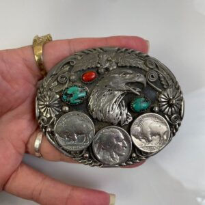 S.S.I. *AS-IS* 1990S HANDCRAFTED BUFFALO NICKEL EAGLE BELT BUCKLE, TURQUOISE CHUNKS & POLISHED CORAL STONES in SILVER, BLUE, RED