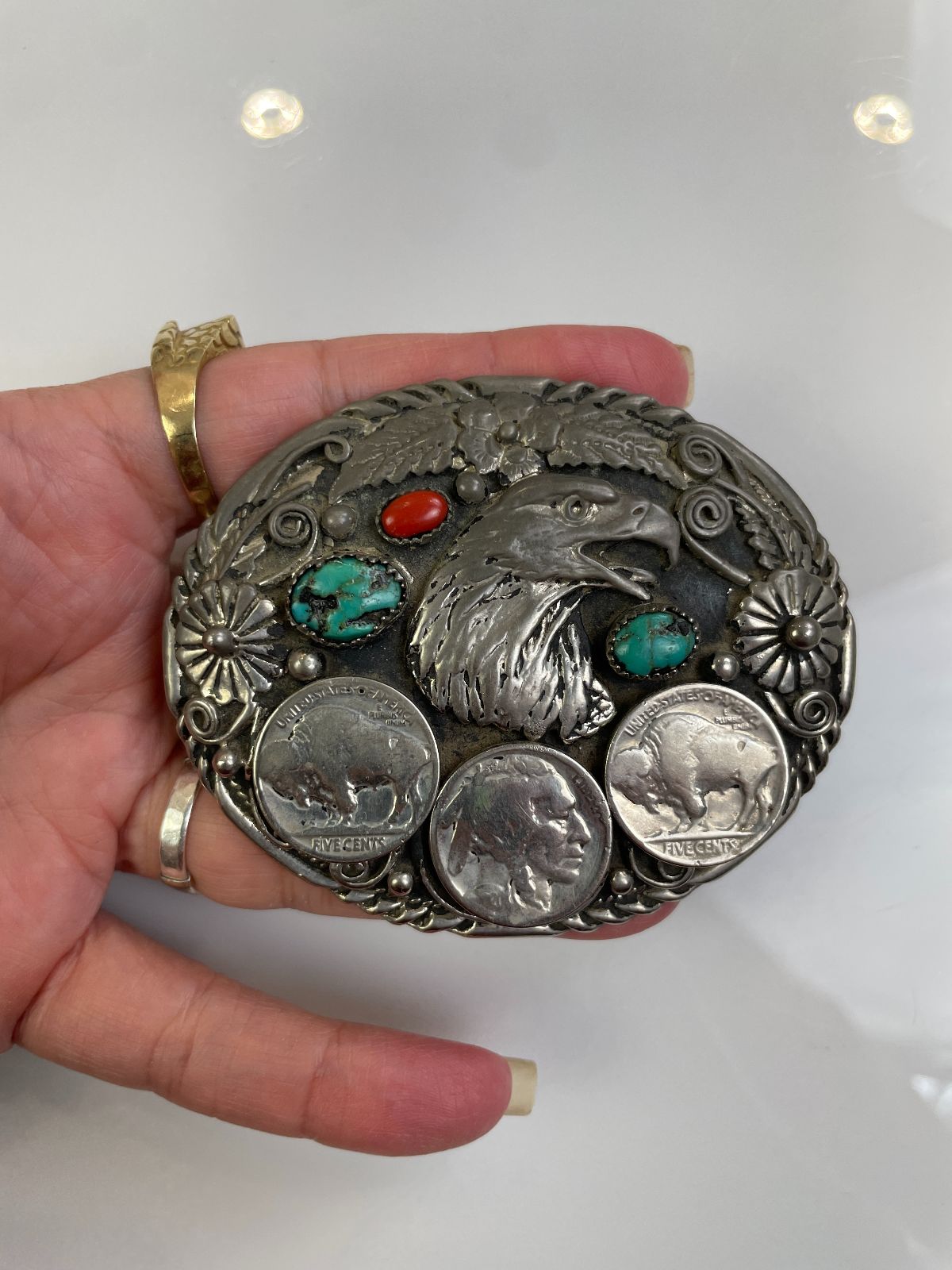 S.S.I. *AS-IS* 1990S HANDCRAFTED BUFFALO NICKEL EAGLE BELT BUCKLE, TURQUOISE CHUNKS & POLISHED CORAL STONES in SILVER, BLUE, RED