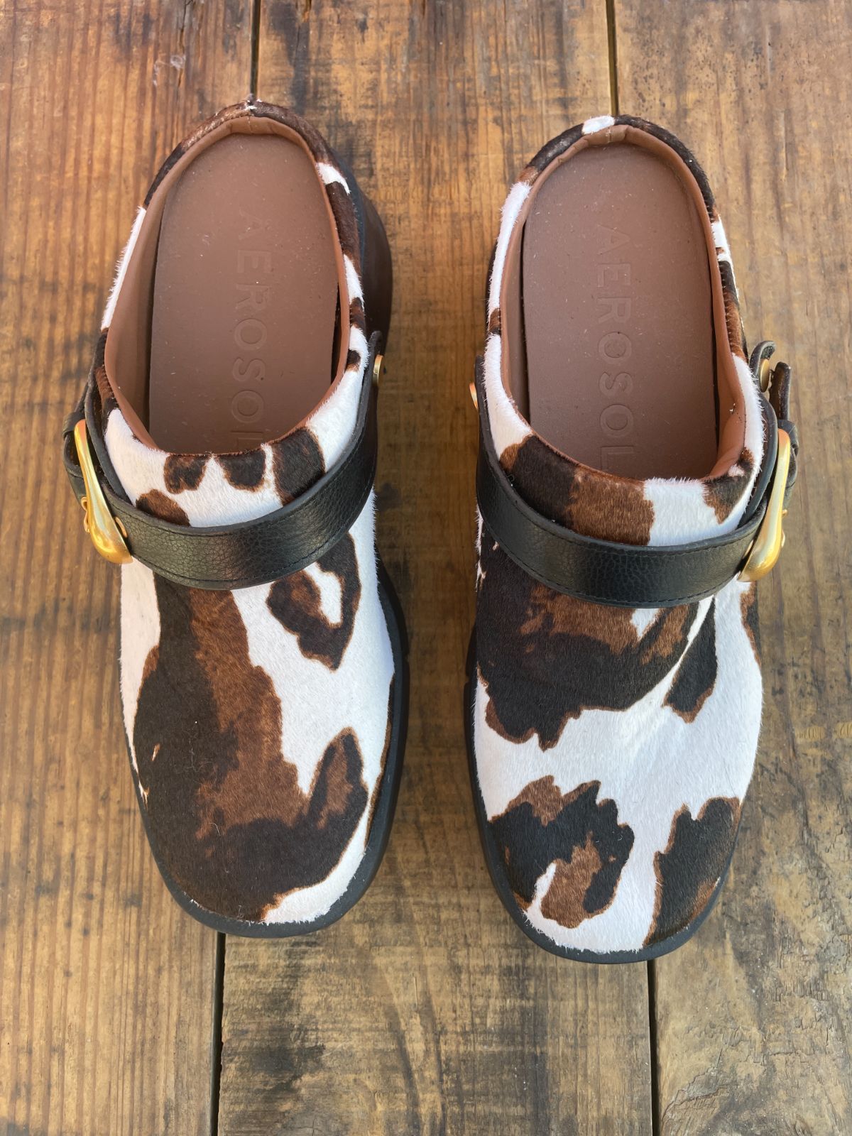 AEROSOLES AEROSOLES WOMEN\'S LEATHER BOS TAURUS FUR BROWN & WHITE FOX MULE SHOES SIZE 8M in WHITE, BROWN, BLACK