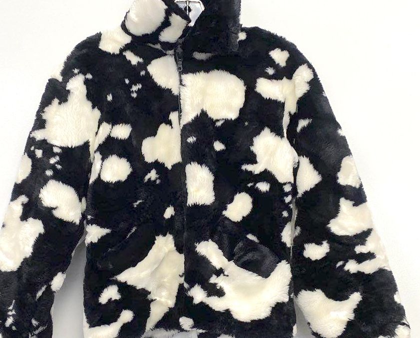 KC COLLECTIONS *AS-IS* FUN! COW PRINT FAUX FUR ZIP FRONT JACKET in BLACK, WHITE