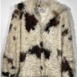 PAM MALONEY *AS-IS* SHAGGY COW PRINT MONGOLIAN FUR BOMBER JACKET, SATIN LINED in CREME, BROWN