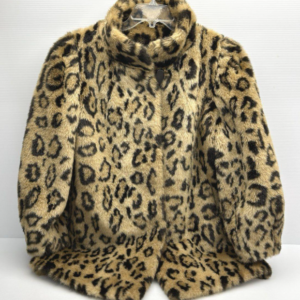 MADE IN USA 1980S FAUX FUR LEOPARD PRINT JACKET SATIN LINED, TOGGLE BUTTONS #BURNINGMAN in BROWN, BLACK