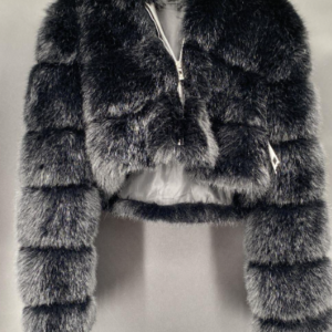 CUTE! SUPER CROPPED! HOODED! FAUX FUR ZIP JACKET #BURNINGMAN in BLACK