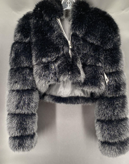 CUTE! SUPER CROPPED! HOODED! FAUX FUR ZIP JACKET #BURNINGMAN in BLACK