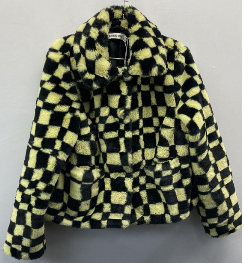 FUN! #FESTIVAL! BLACK & YELLOW CHECKERED FAUX FUR JACKET #BURNINGMAN in YELLOW, BLACK