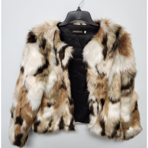 CUTE! PRALINE & CREAM MULTICOLOR PATCHY CROPPED FAUX FUR JACKET #BURNINGMAN in TAN, WHITE, BROWN