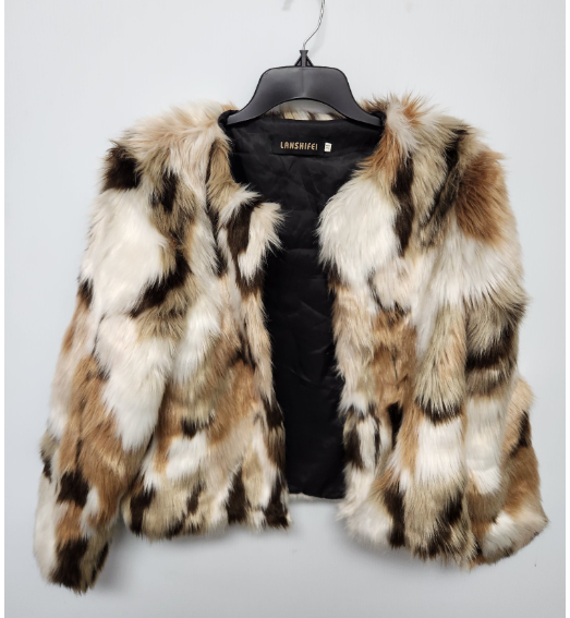 CUTE! PRALINE & CREAM MULTICOLOR PATCHY CROPPED FAUX FUR JACKET #BURNINGMAN in TAN, WHITE, BROWN