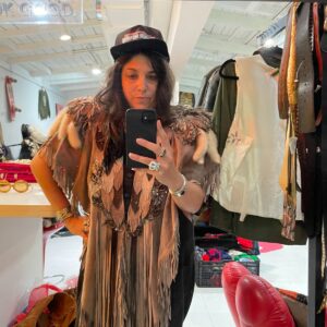 PAT DAHNKE WOW!!! CUSTOM SUEDE FULL FRINGE SHAWL PONCHO BEADED APPLIQUES & MINK FUR TASSELS - SIGNED in TAN, CREME