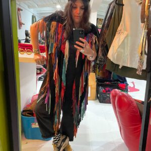 PAT DAHNKE WOW!!! CUSTOM RAINBOW COLORED SUEDE FULL FRINGE SHAWL PONCHO in BLACK, MULTI