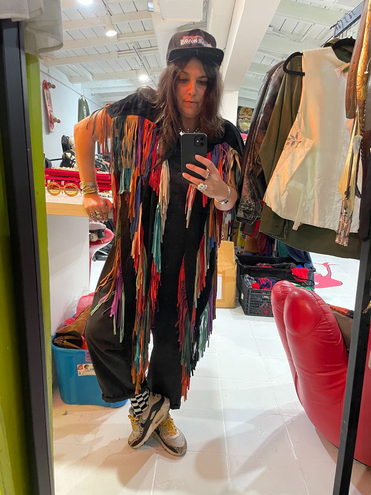 PAT DAHNKE WOW!!! CUSTOM RAINBOW COLORED SUEDE FULL FRINGE SHAWL PONCHO in BLACK, MULTI