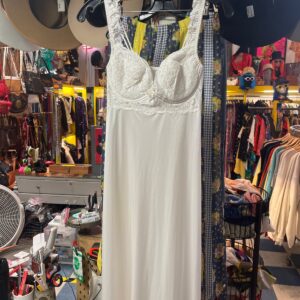 OLGA 1980S MADE IN USA WHITE LACE BUSTIER FULL LENGTH SATIN SLIP DRESS in WHITE