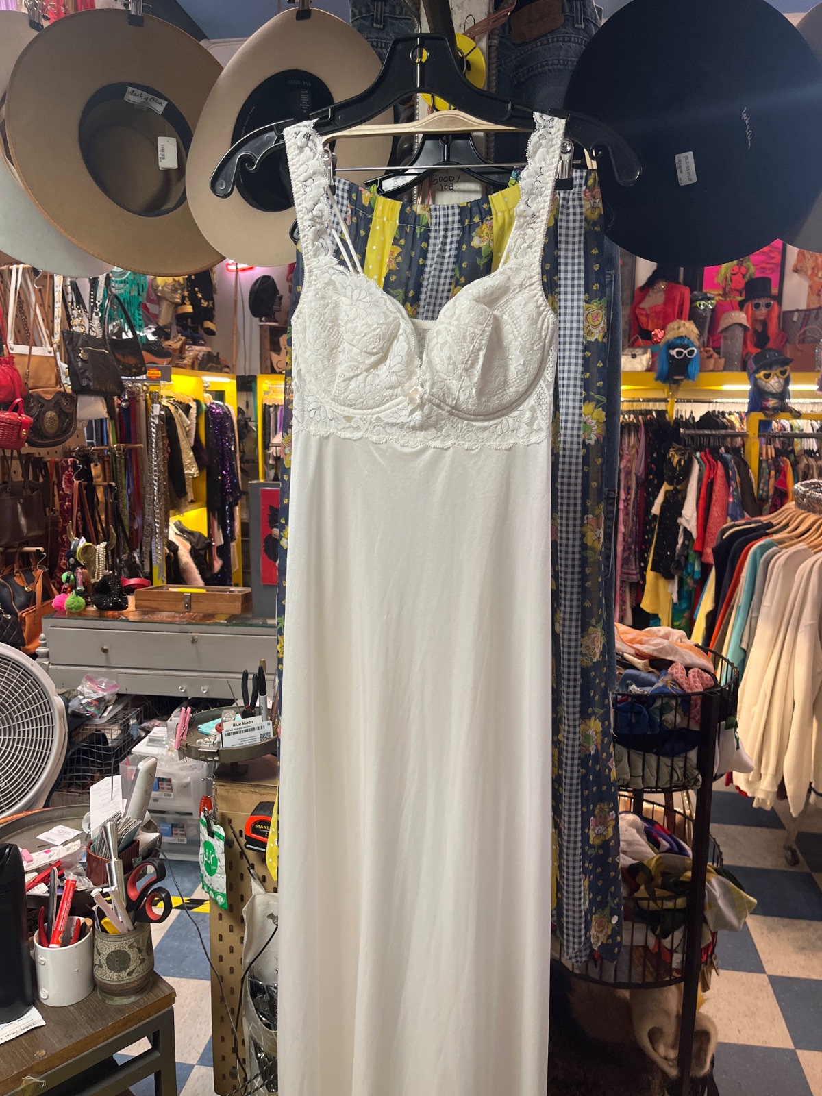 OLGA 1980S MADE IN USA WHITE LACE BUSTIER FULL LENGTH SATIN SLIP DRESS in WHITE