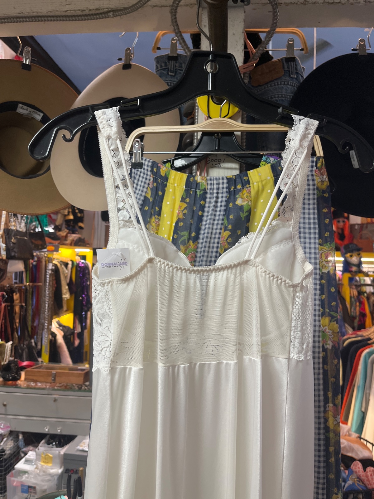 OLGA 1980S MADE IN USA WHITE LACE BUSTIER FULL LENGTH SATIN SLIP DRESS in WHITE