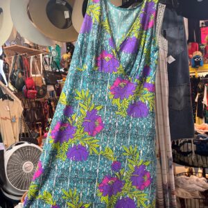 IMEC *AS-IS* FROM ITALY! 1970S PSYCHEDELIC FLORAL PRINT SLEEVELESS V-NECK MIDI DRESS - MADE IN ITALY in PURPLE, GREEN, BLUE, PINK, WHITE