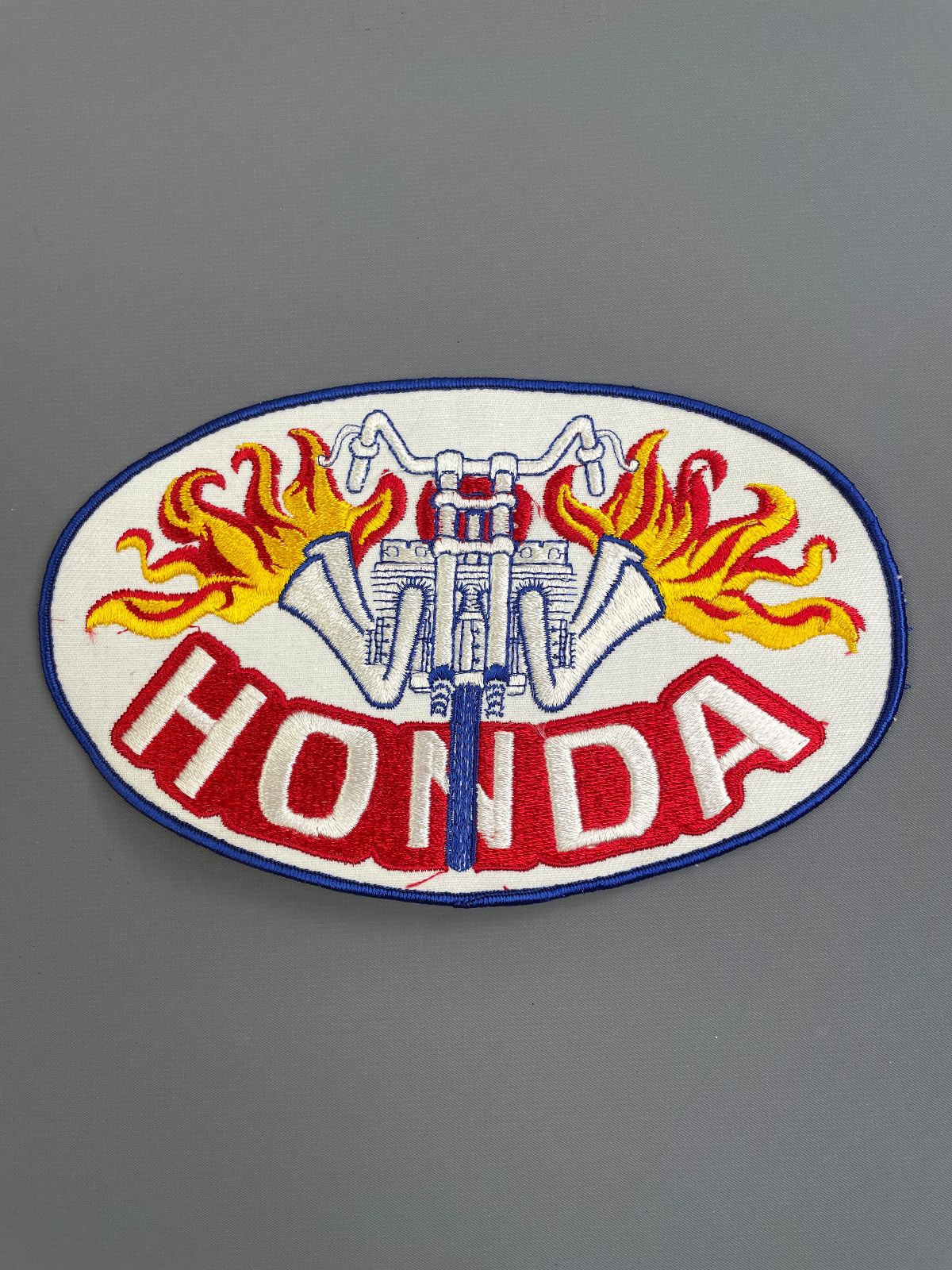 HUGE! 1970S OVAL EMBROIDERED HONDA MOTORS BACK PATCH *DEADSTOCK in WHITE, BLUE