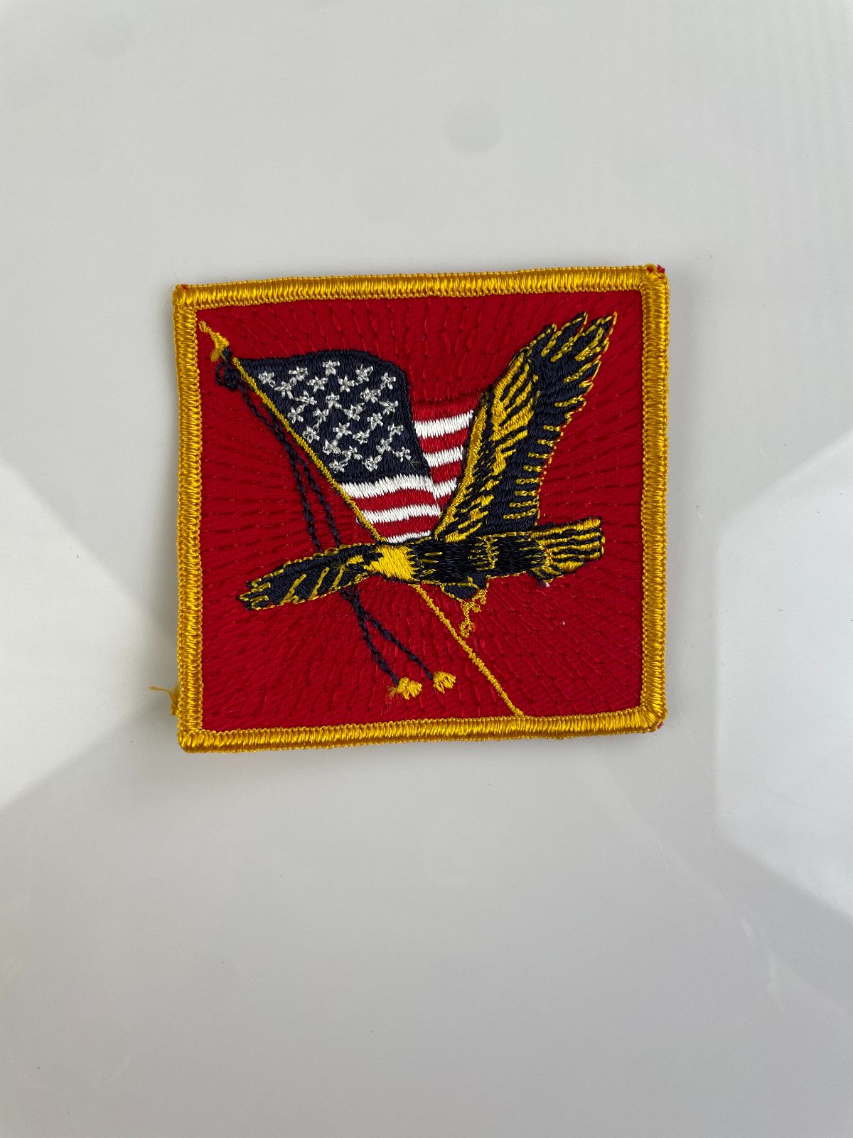 *DEADSTOCK RETRO 1960S-70S EMBROIDERED PATCH EAGLE W/ AMERICAN FLAG, YELLOW BORDER SQUARE SHAPE in RED GOLD WHITE BLUE BROWN