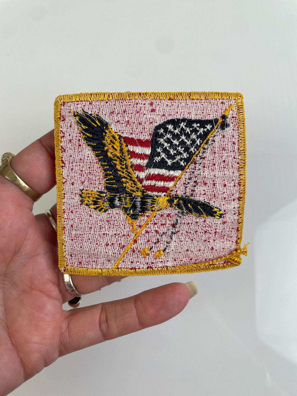 *DEADSTOCK RETRO 1960S-70S EMBROIDERED PATCH EAGLE W/ AMERICAN FLAG, YELLOW BORDER SQUARE SHAPE in RED GOLD WHITE BLUE BROWN