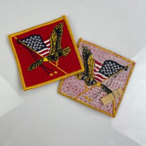*DEADSTOCK RETRO 1960S-70S EMBROIDERED PATCH EAGLE W/ AMERICAN FLAG, YELLOW BORDER SQUARE SHAPE in RED GOLD WHITE BLUE BROWN