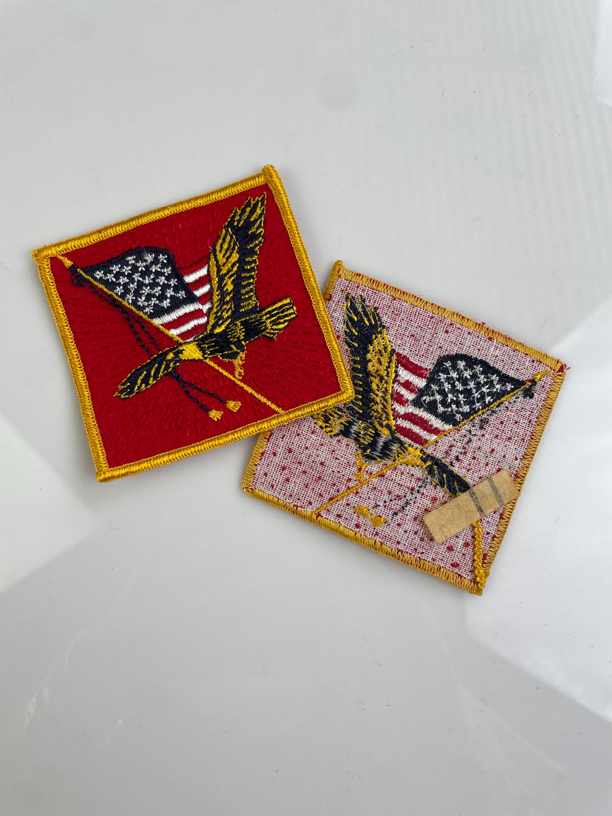 *DEADSTOCK RETRO 1960S-70S EMBROIDERED PATCH EAGLE W/ AMERICAN FLAG, YELLOW BORDER SQUARE SHAPE in RED GOLD WHITE BLUE BROWN