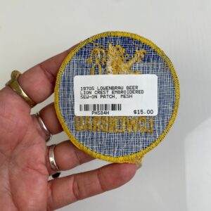 1970S LOWENBRAU BEER LION CREST EMBROIDERED SEW-ON PATCH, MESH BACKING *DEADSTOCK in BLUE, GOLD