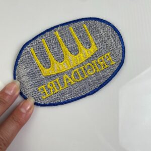 RETRO 1970S FRIGIDAIRE EMBROIDERED SEW-ON PATCH, MESH BACKING *DEADSTOCK in BLUE, YELLOW