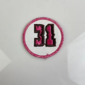 SO CUTE! PINK ROUND 31 FLAVORS SEW-ON PATCH, MESH BACKING in PINK, WHITE