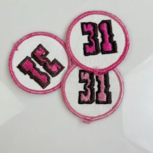 SO CUTE! PINK ROUND 31 FLAVORS SEW-ON PATCH, MESH BACKING in PINK, WHITE