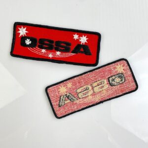 1970S OSSA MOTORCYCLES EMBROIDERED SEW-ON PATCH, MESH BACKING in RED, BLACK, WHITE