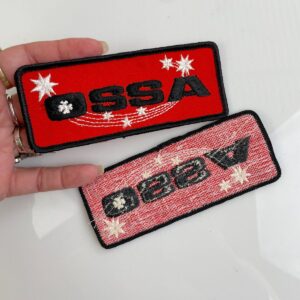 1970S OSSA MOTORCYCLES EMBROIDERED SEW-ON PATCH, MESH BACKING in RED, BLACK, WHITE