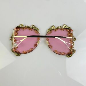 ORNATE GILDED WIRE FRAME SUNGLASSES CLEAR PINK LENSES in GOLD, PINK
