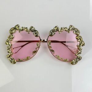 ORNATE GILDED WIRE FRAME SUNGLASSES CLEAR PINK LENSES in GOLD, PINK