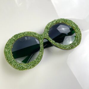 FUN!! OVERSIZED ROUND GLITTER & RHINESTONE FRAMED SUNGLASSES in BLACK, GREEN