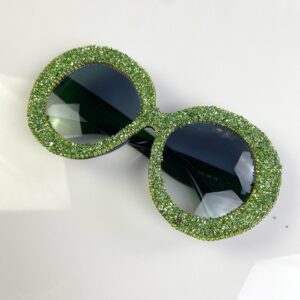FUN!! OVERSIZED ROUND GLITTER & RHINESTONE FRAMED SUNGLASSES in BLACK, GREEN