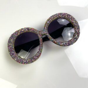 *AS-IS* FUN!! OVERSIZED ROUND GLITTER & RHINESTONE FRAMED SUNGLASSES in BLACK, MULTI