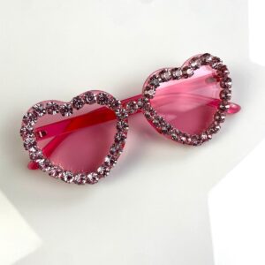 FUN! HEART SHAPED ACRYLIC FRAME SUNGLASSES LARGE RHINESTONE BORDER in PINK
